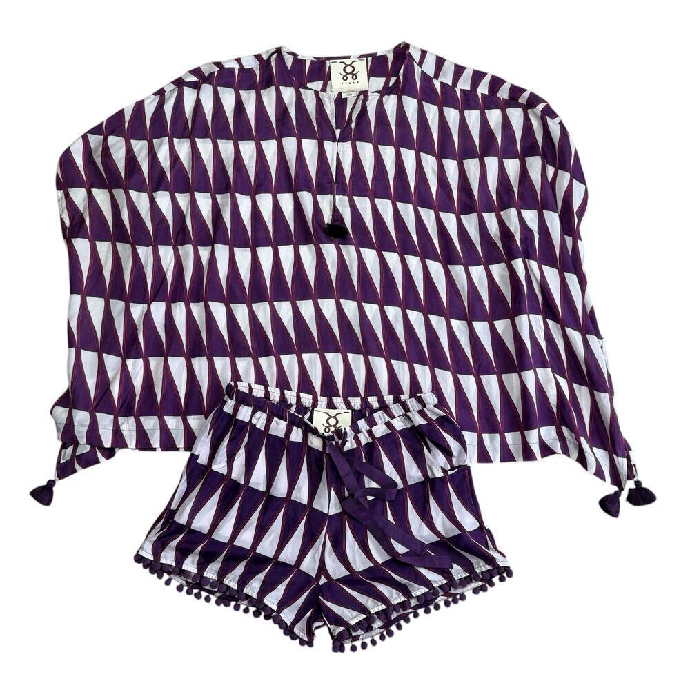 Figue 100% Silk Purple Kimono Kaftan Pom Lounge Set XS/Small - Picture 5 of 9